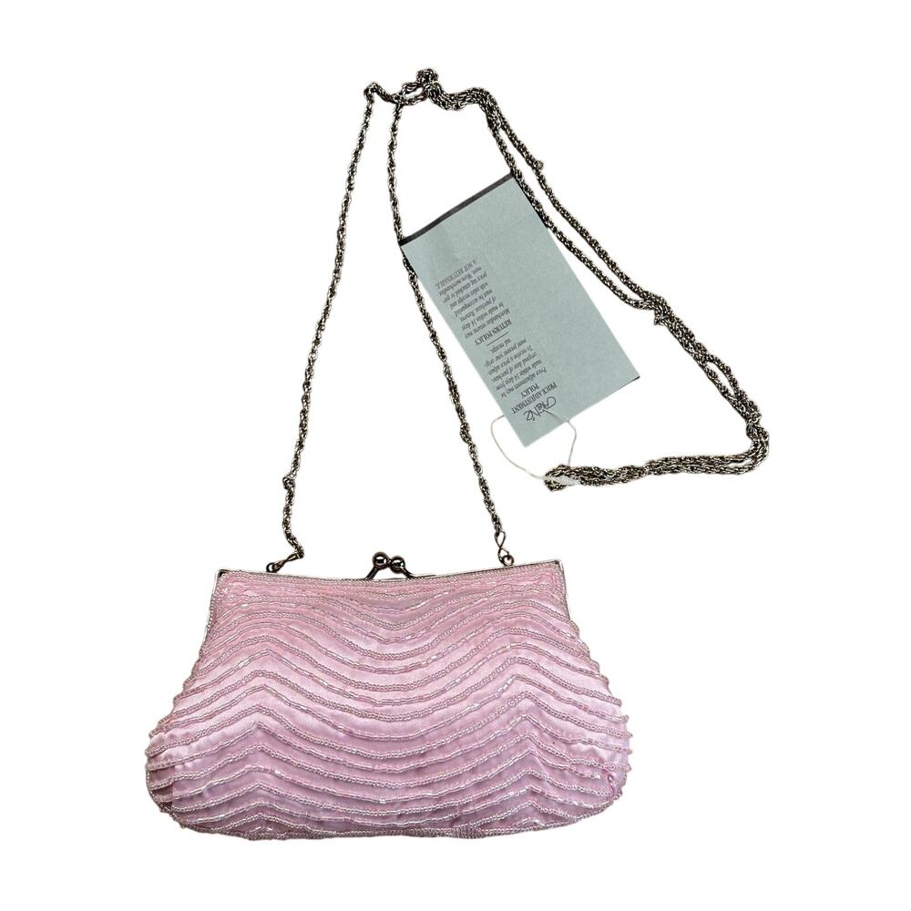 Cache Pink Hidden 22" Chain Strap Satin Bead Purse Bag Top Metal Frame NWT $58